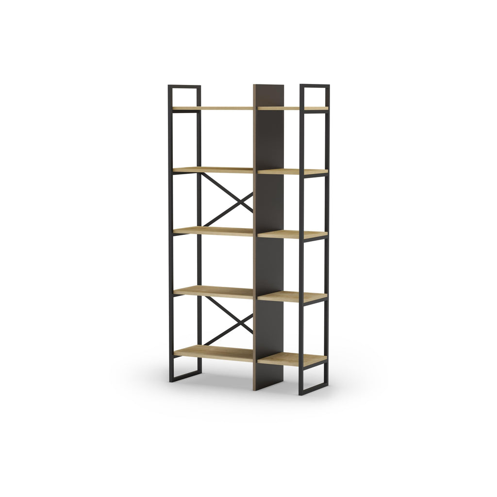 Oak and black bookcase shelving unit with multiple open shelves and X braces