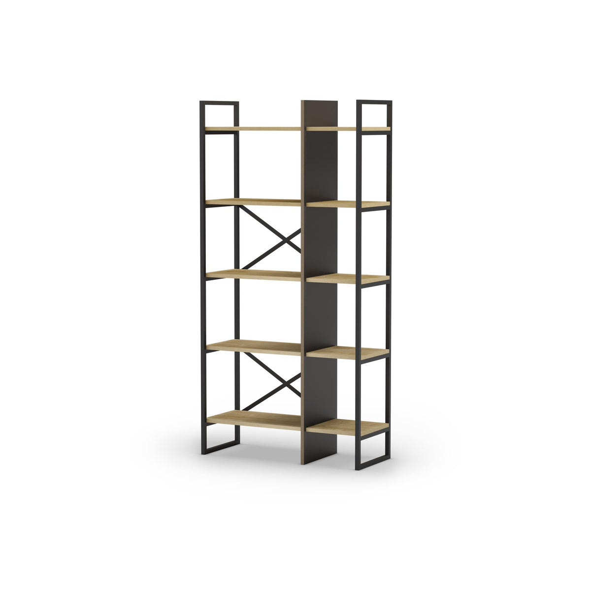 Oak and black bookcase shelving unit with multiple open shelves and X braces