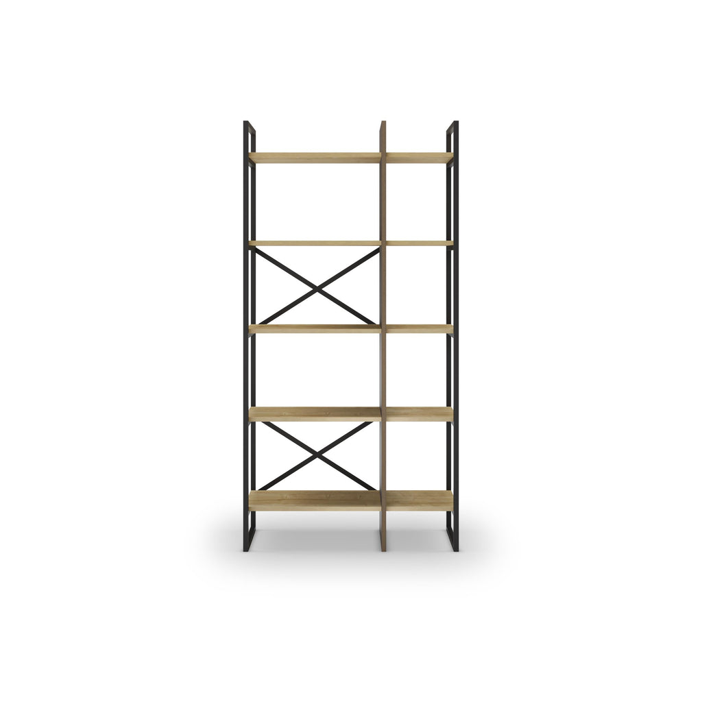 Front view of oak and black shelving unit with open cubby shelves and X braces