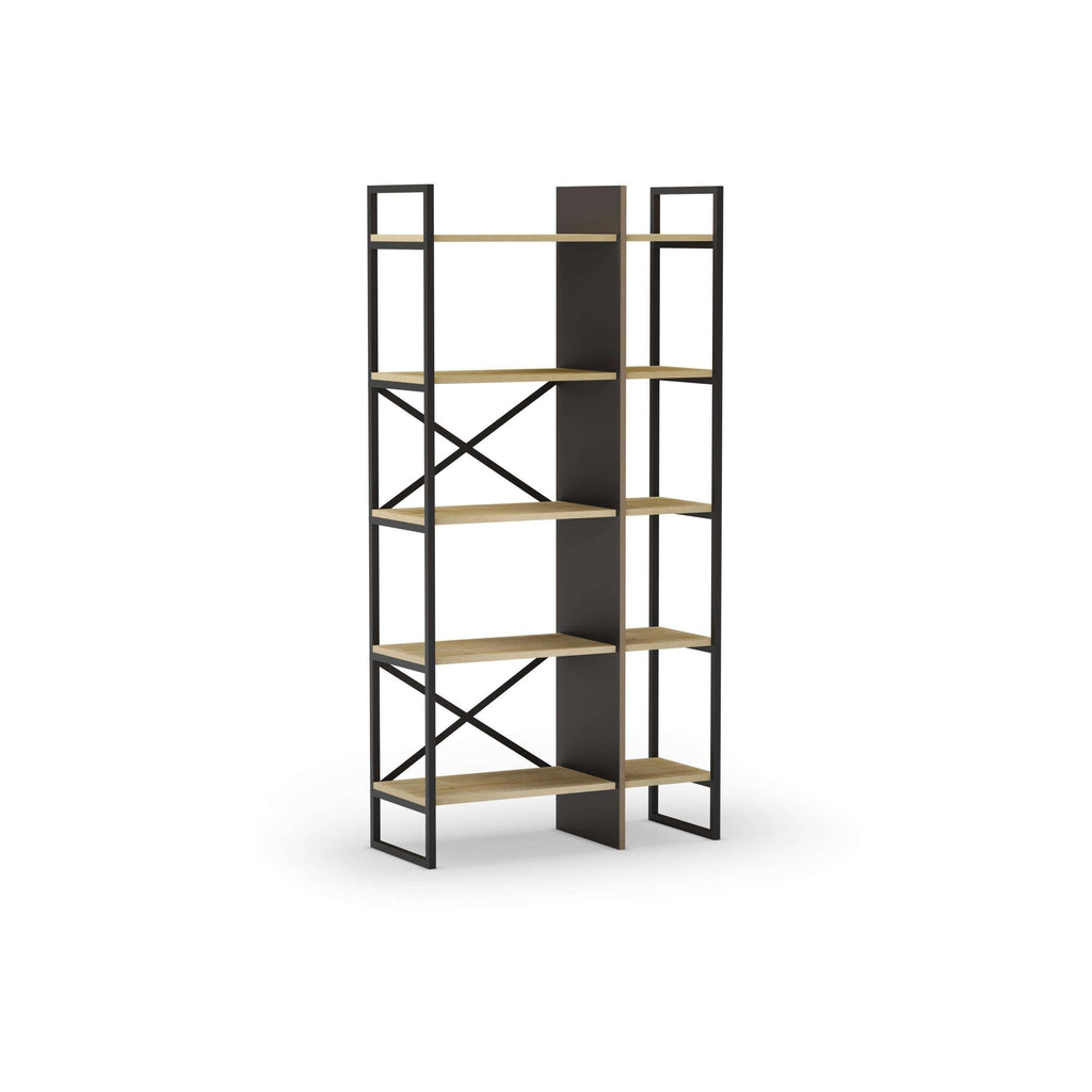 3D view of oak and black bookcase shelving unit with open shelves and X pattern