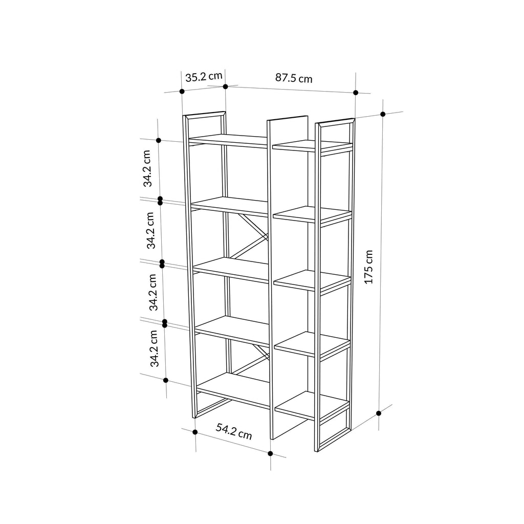 Oak and black bookcase shelving unit dimensions view, open shelf layout