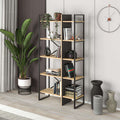 Oak and black industrial bookcase shelving unit with open cubby shelves