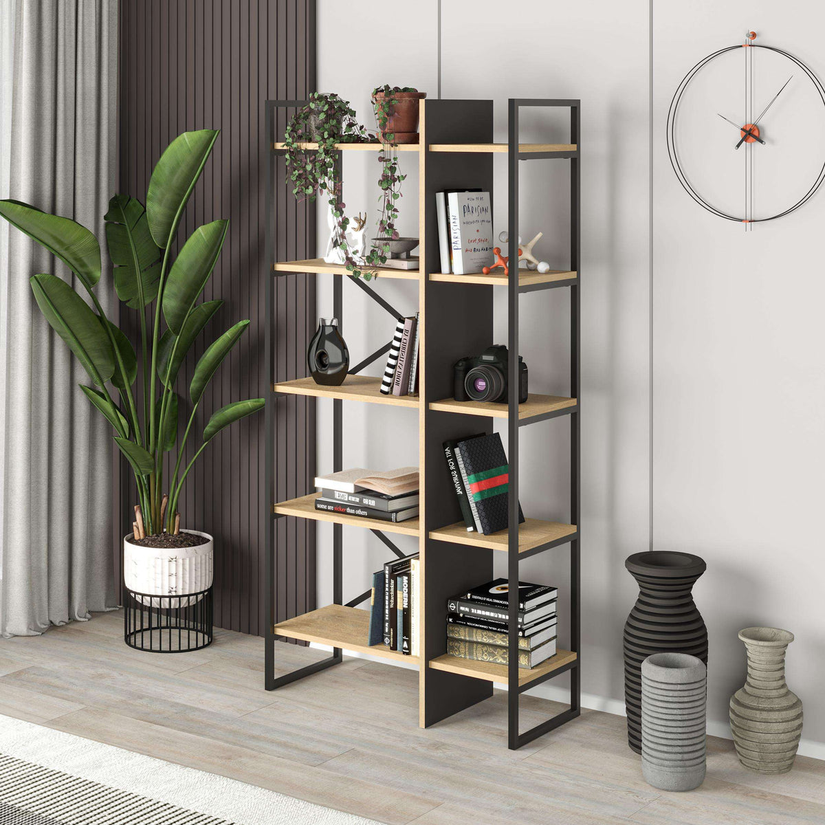 Oak and black industrial bookcase shelving unit with open cubby shelves