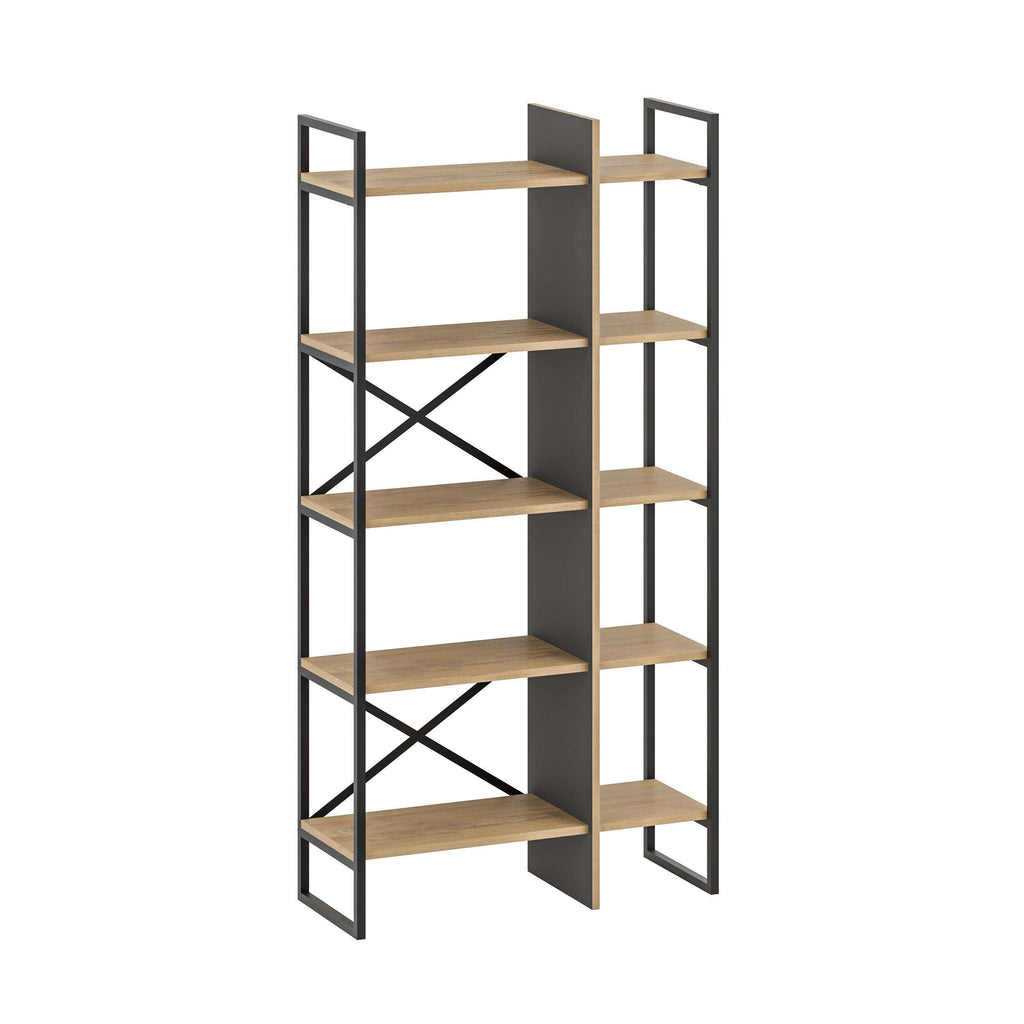 Oak and black shelving unit with open shelves and black metal X-frame design