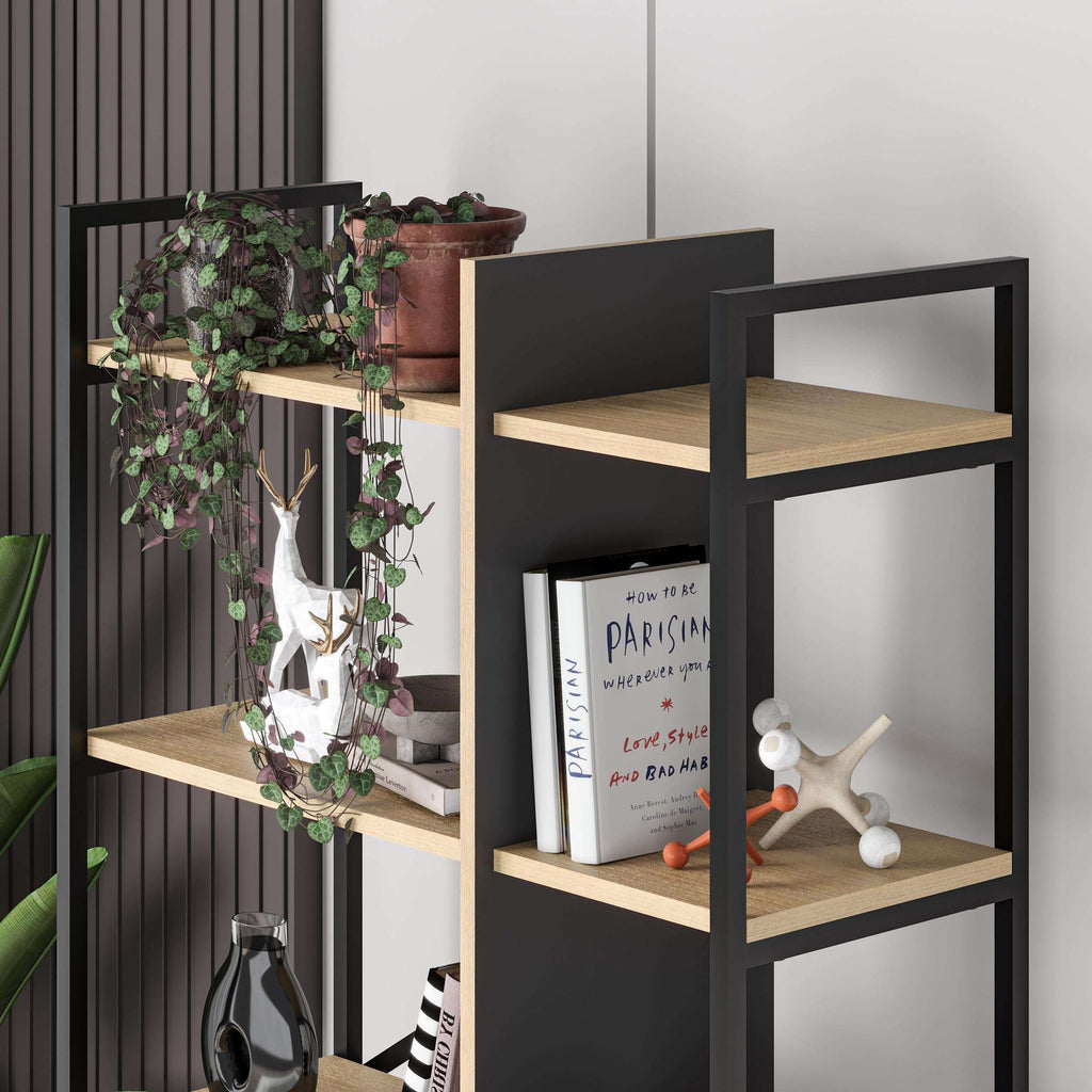 Oak and black industrial bookcase with open shelves for books and decor