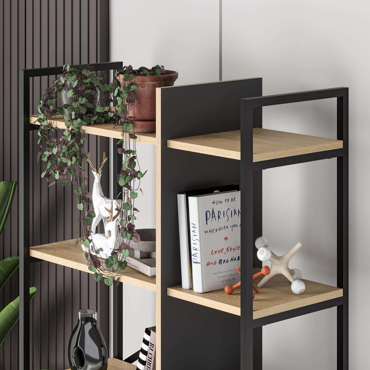 Oak and black industrial bookcase with open shelves for books and decor