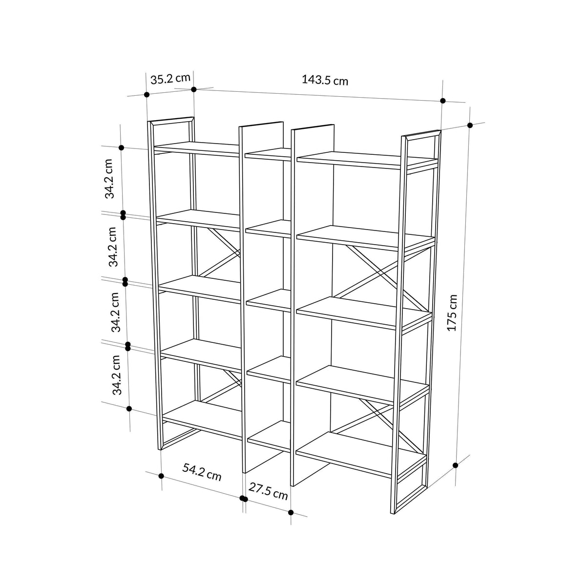 Bookcase shelving unit size diagram with labeled dimensions and overall height