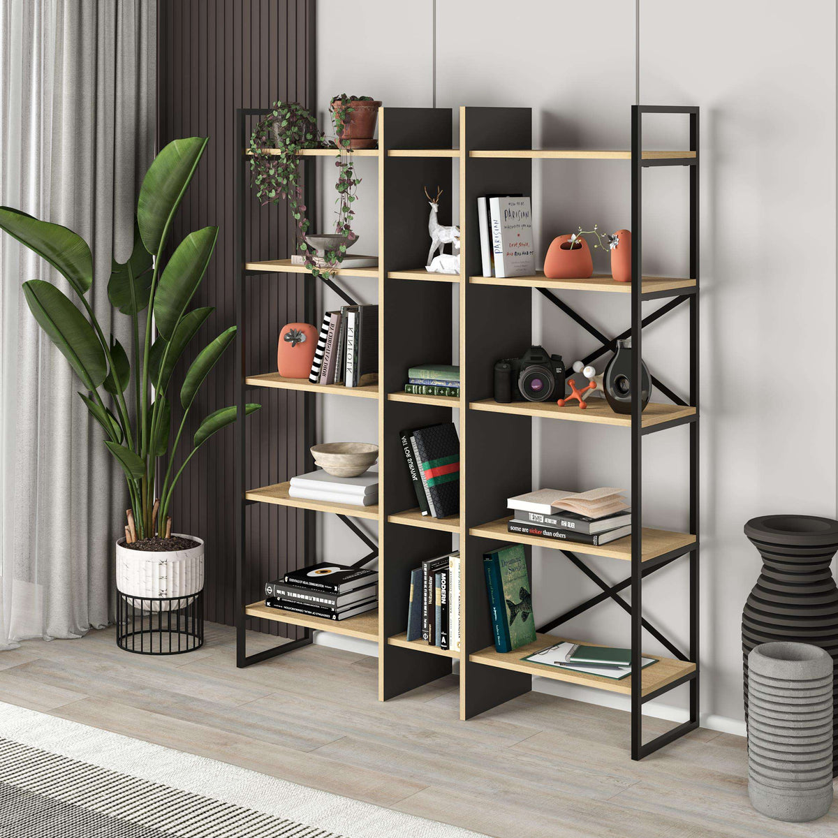 Oak and black bookcase shelving unit with open cubby shelves and cross-braced sides