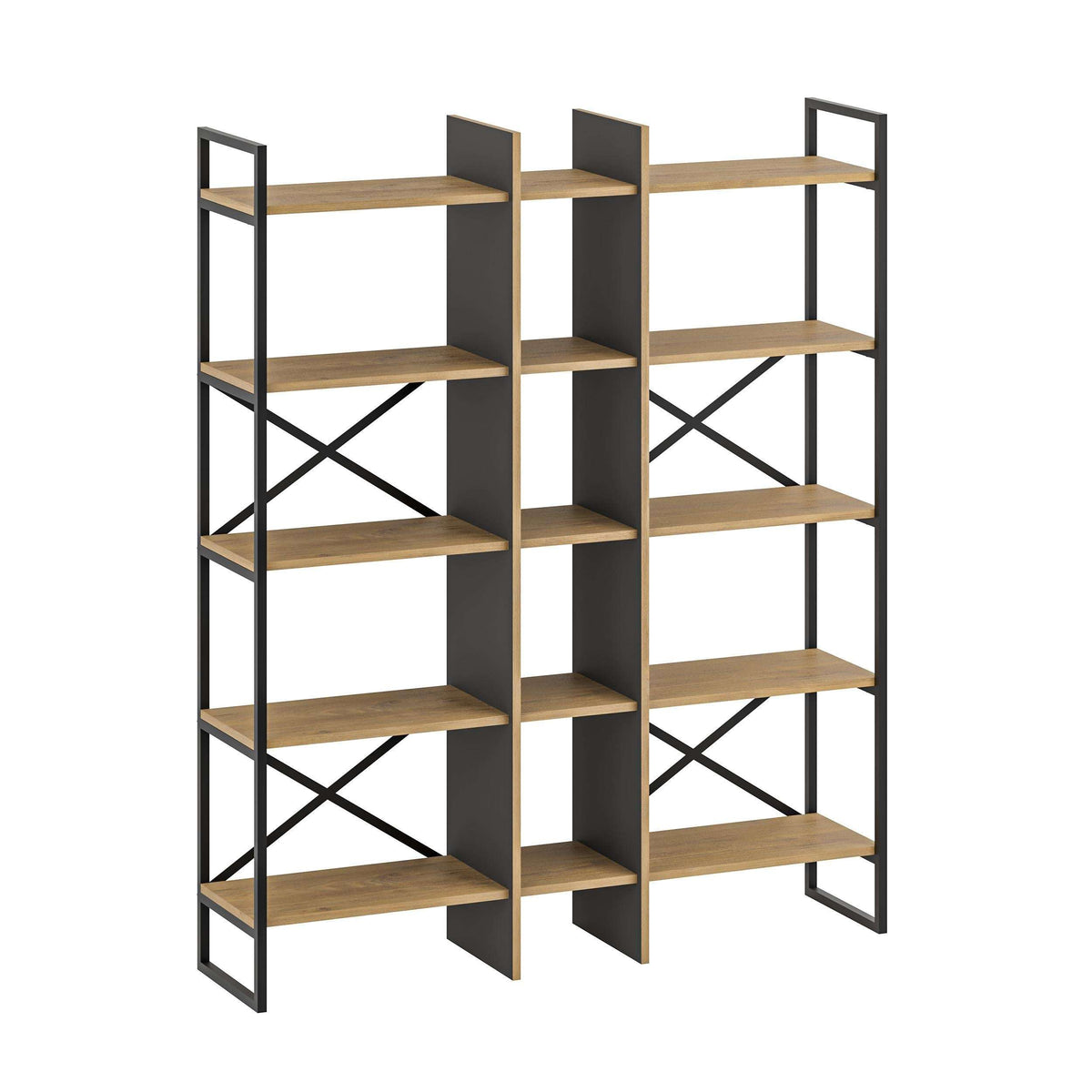 Open cubby bookcase shelving unit with oak shelves and black metal cross braces