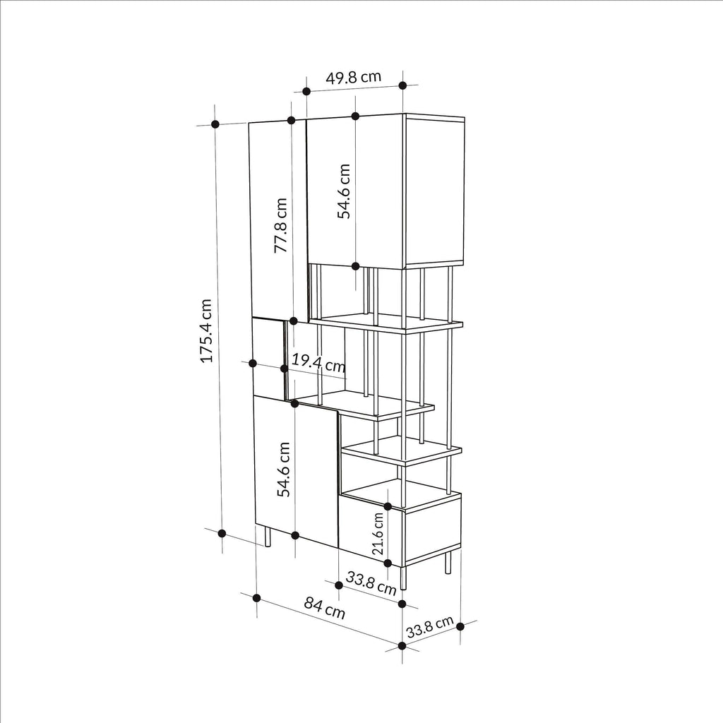 Storage cabinet dimensions diagram with five-door layout and shelf layout measurements