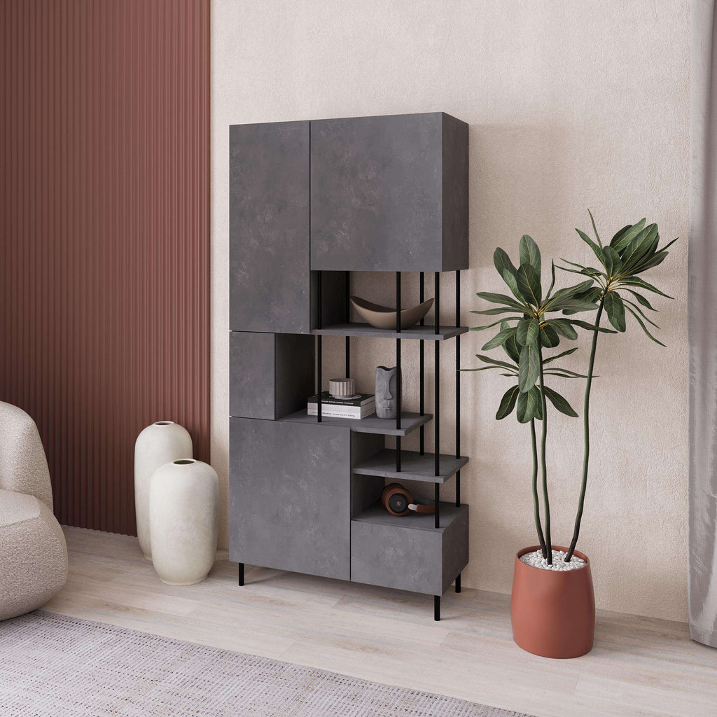 Modern gray cabinet bookcase with open shelves and hinged doors