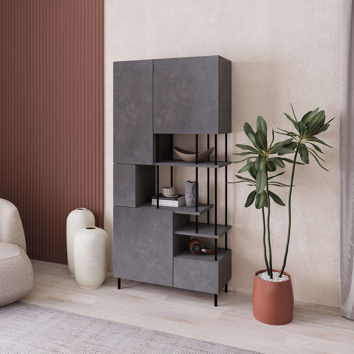 Modern gray cabinet bookcase with open shelves and hinged doors