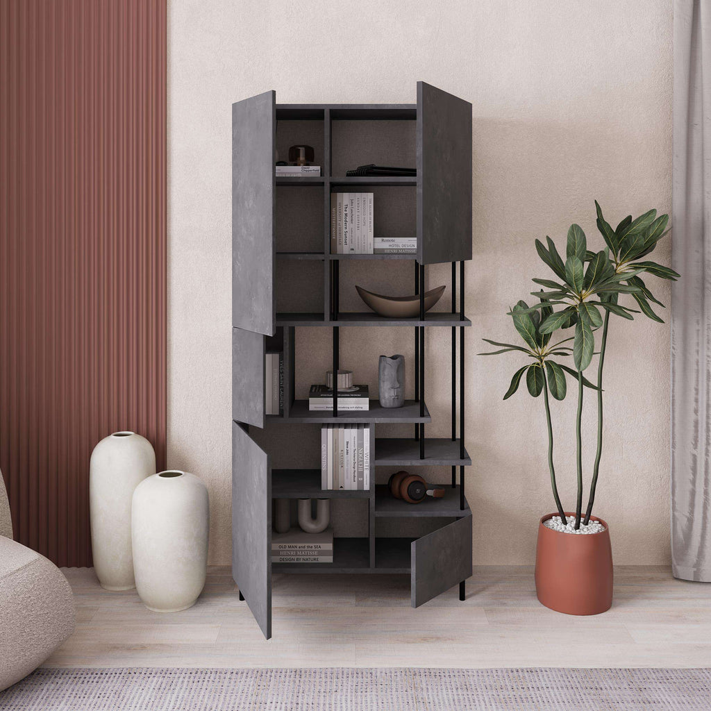 Modern gray bookcase with cabinet doors open to multiple shelves, vertical black frame