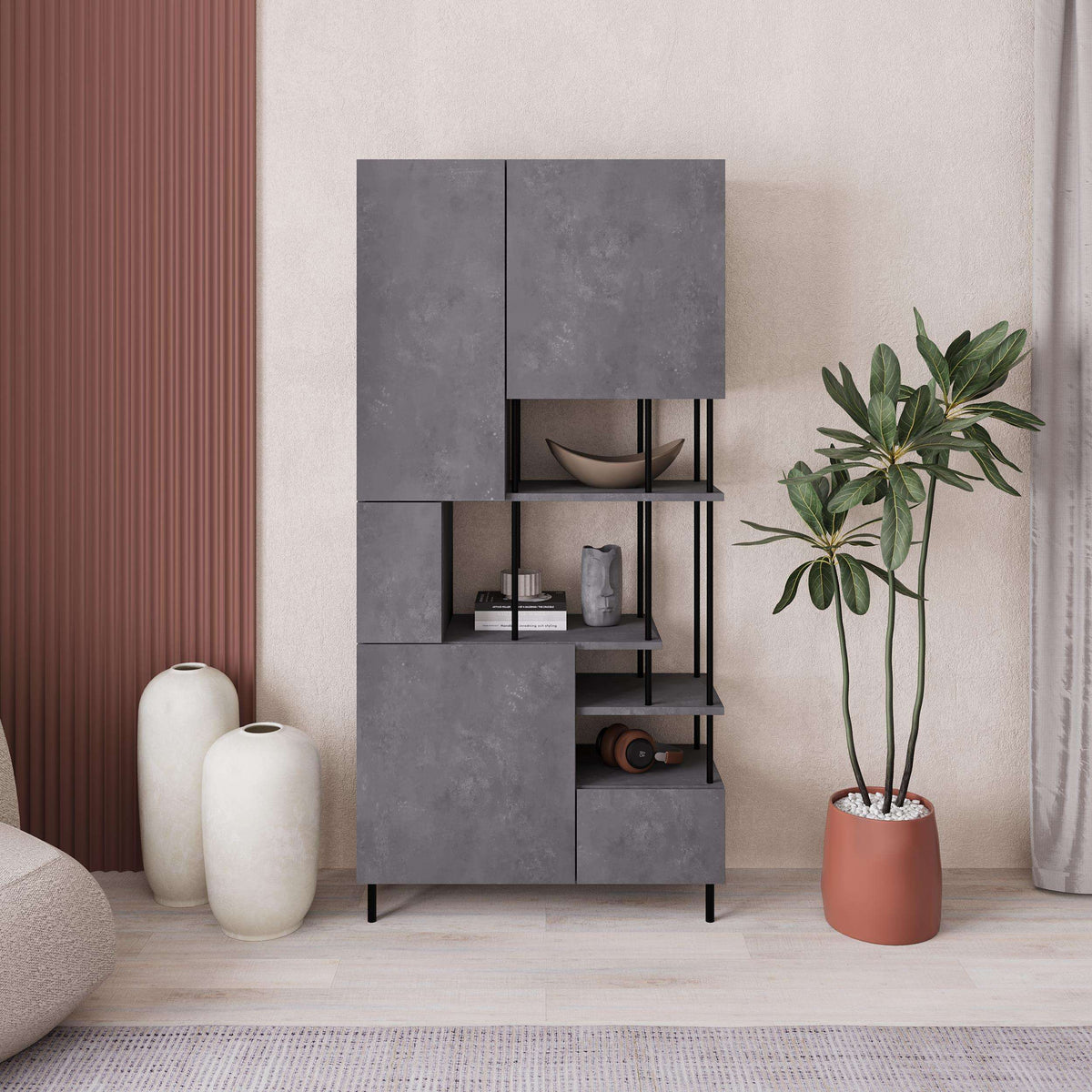 Modern 5-door storage cabinet with shelves, grey doors and open cubby compartments.