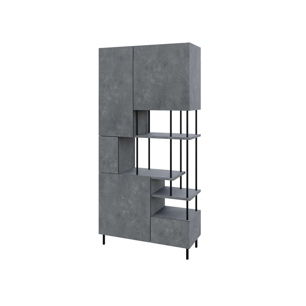 Modern 5-door storage cabinet with shelves, concrete grey doors and open shelving.