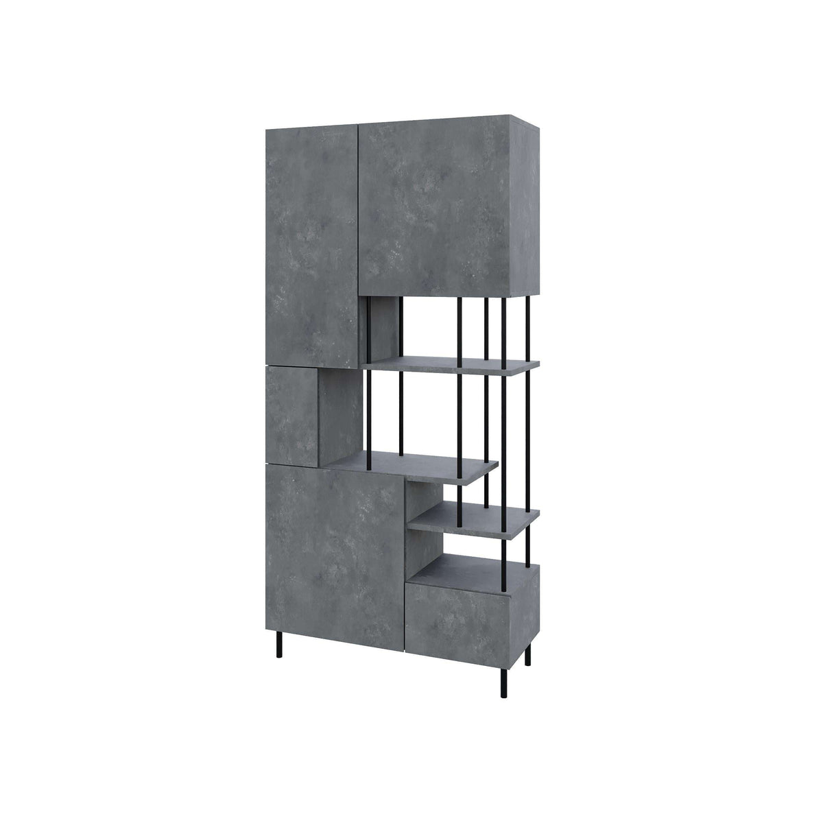 Modern 5-door storage cabinet with shelves, concrete grey doors and open shelving.