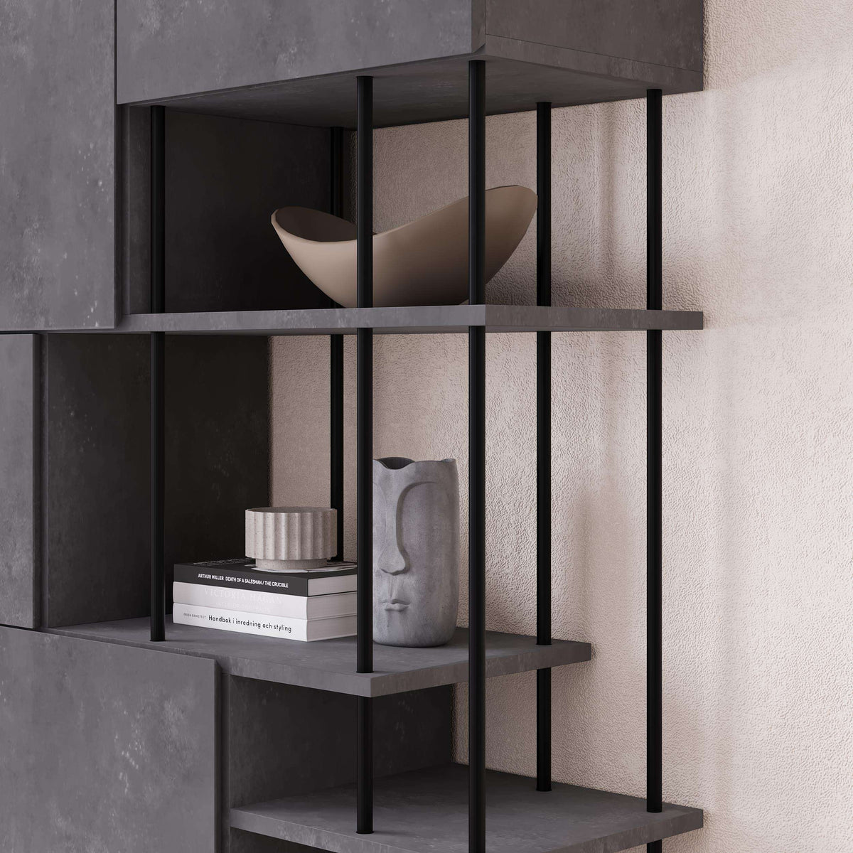 Modern gray bookcase cabinet with open shelving and vertical black supports