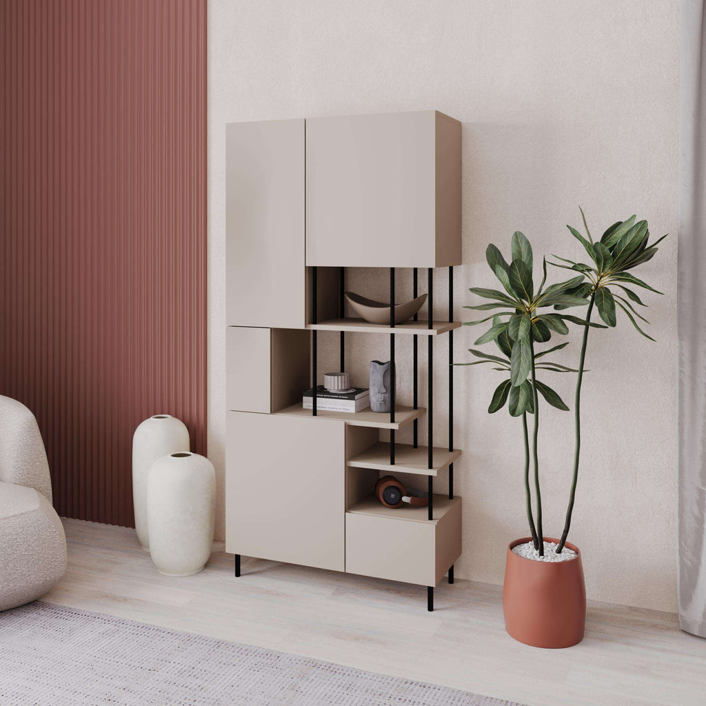 Modern storage cabinet with shelves, light sand-colored doors and compartments