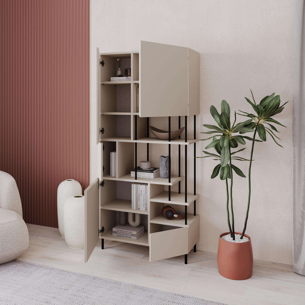 Open modern 5-door storage cabinet with shelves, light stone-grey finish