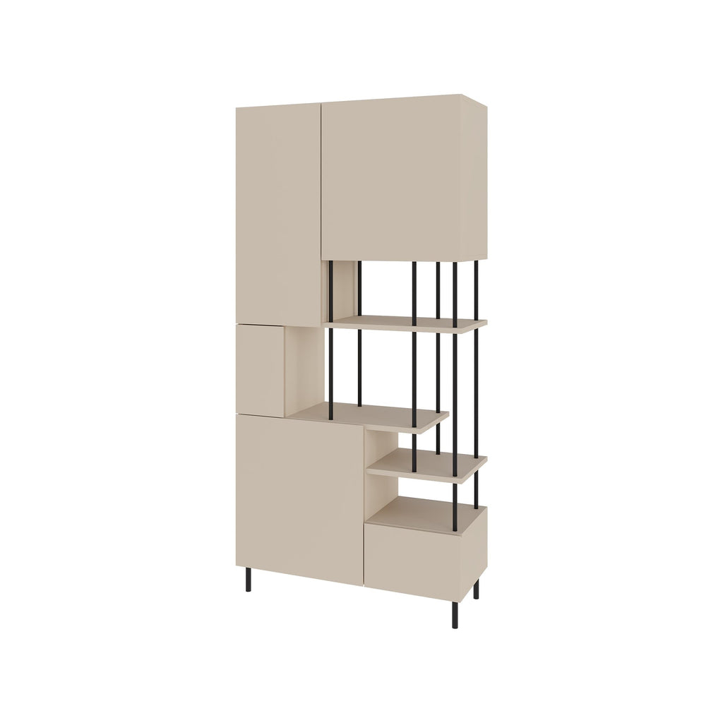 Modern 5-door storage cabinet with open shelves, retro grey finish and black legs