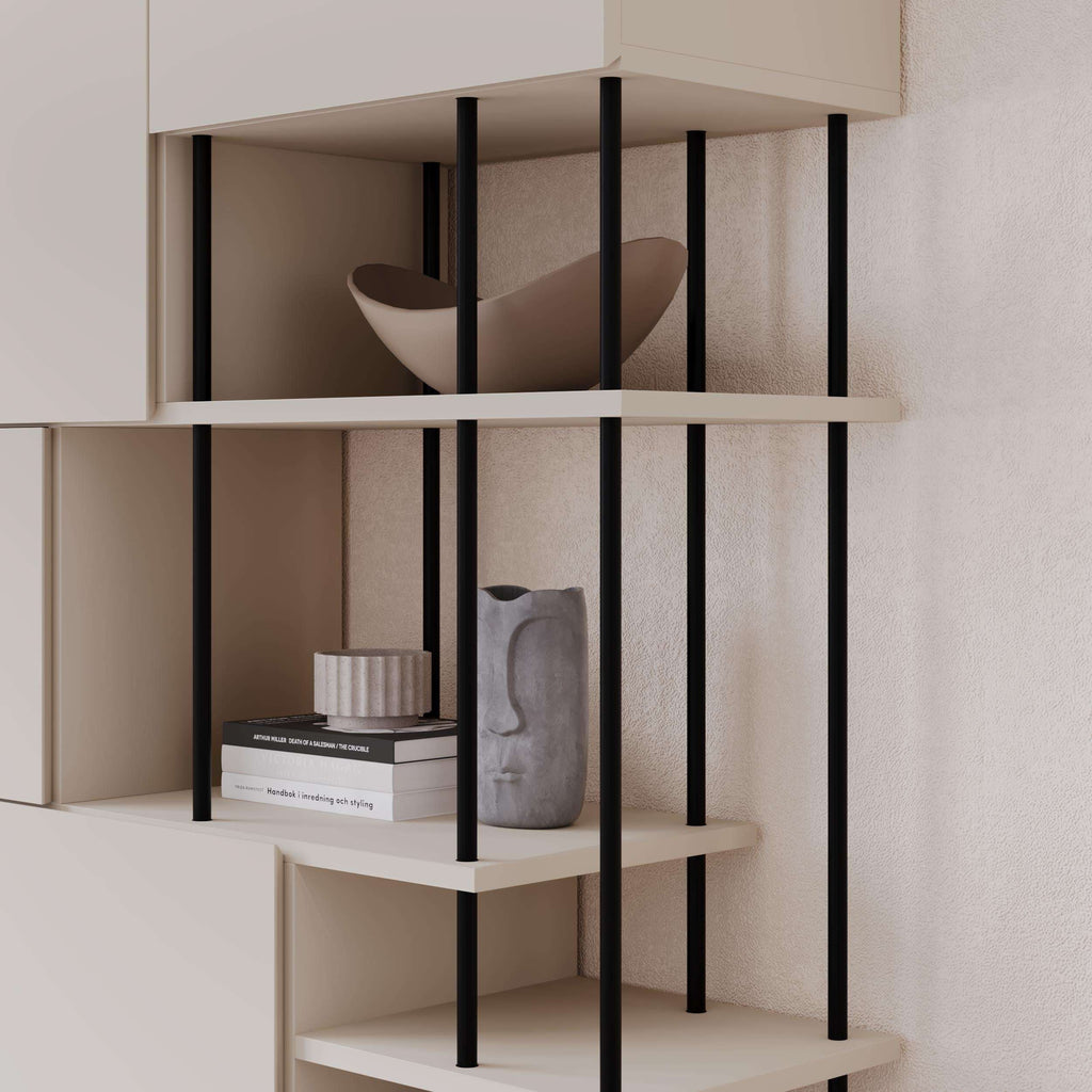 Modern 5-door cabinet with open shelf sections and black vertical supports