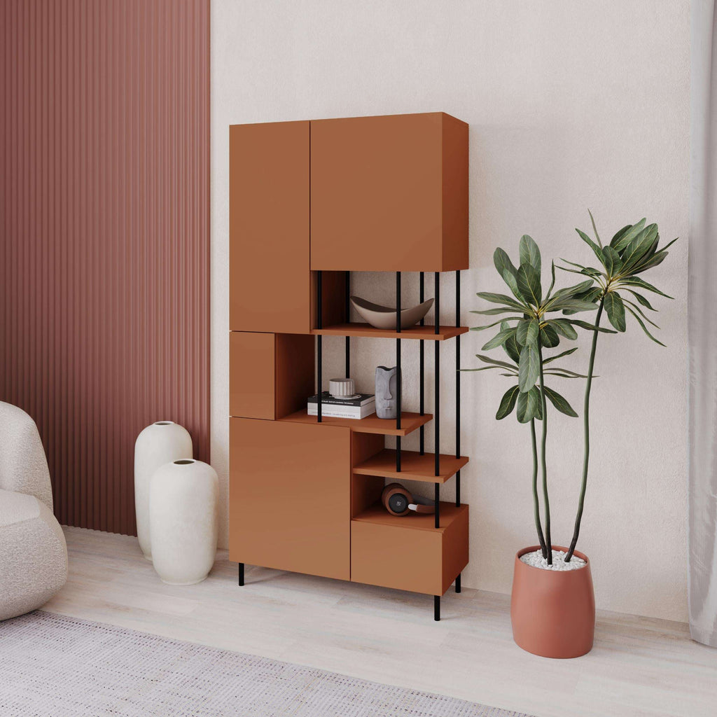 Modern storage cabinet with shelves, brown wood-look, open niche and doors
