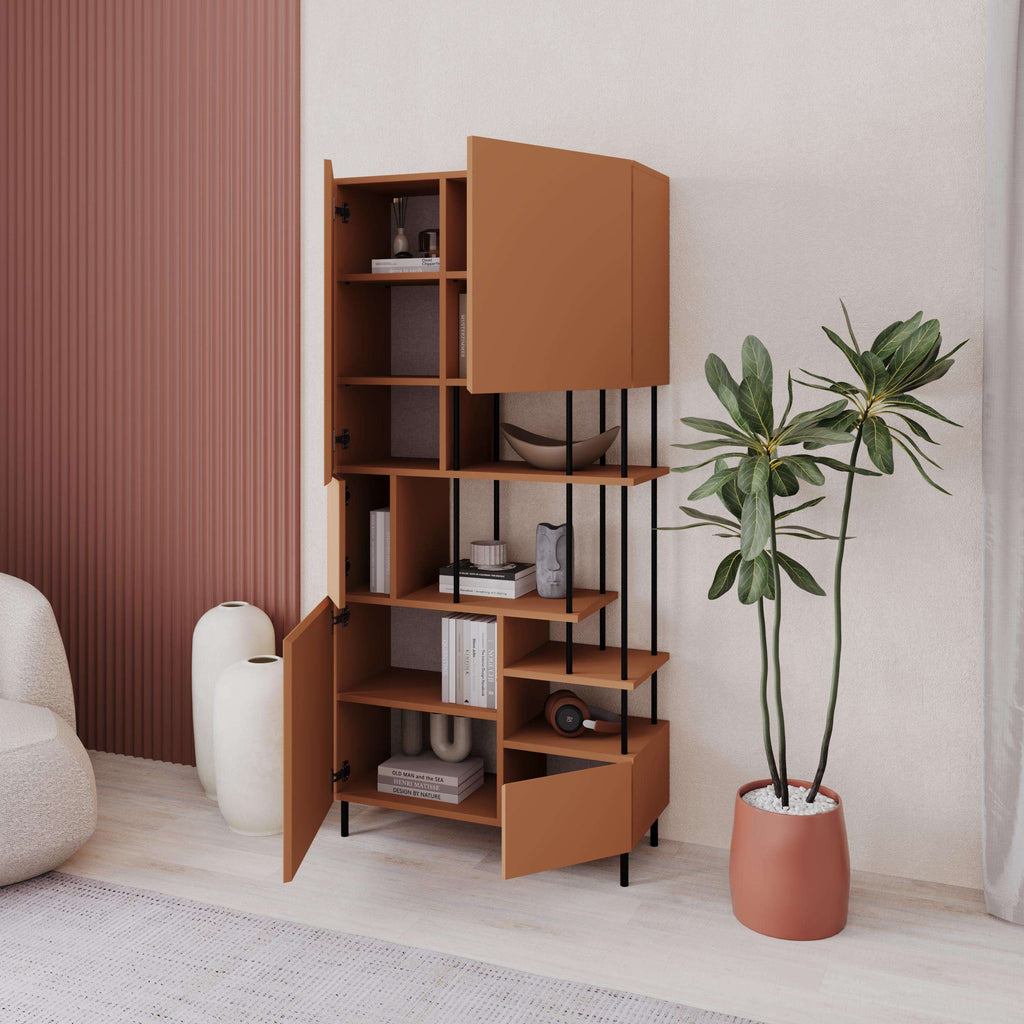 Modern dark brown bookcase cabinet with open doors, multi-tier shelves, black supports