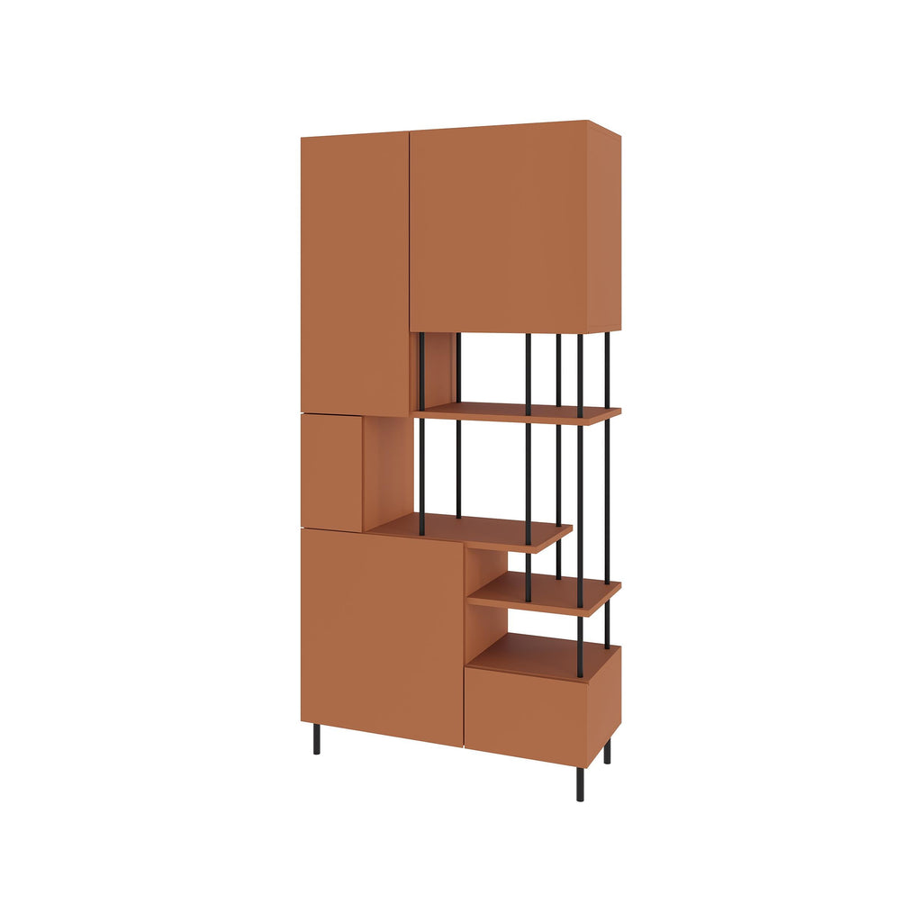 Modern 5-door storage cabinet with shelves, rust brown doors and open cubby shelves.
