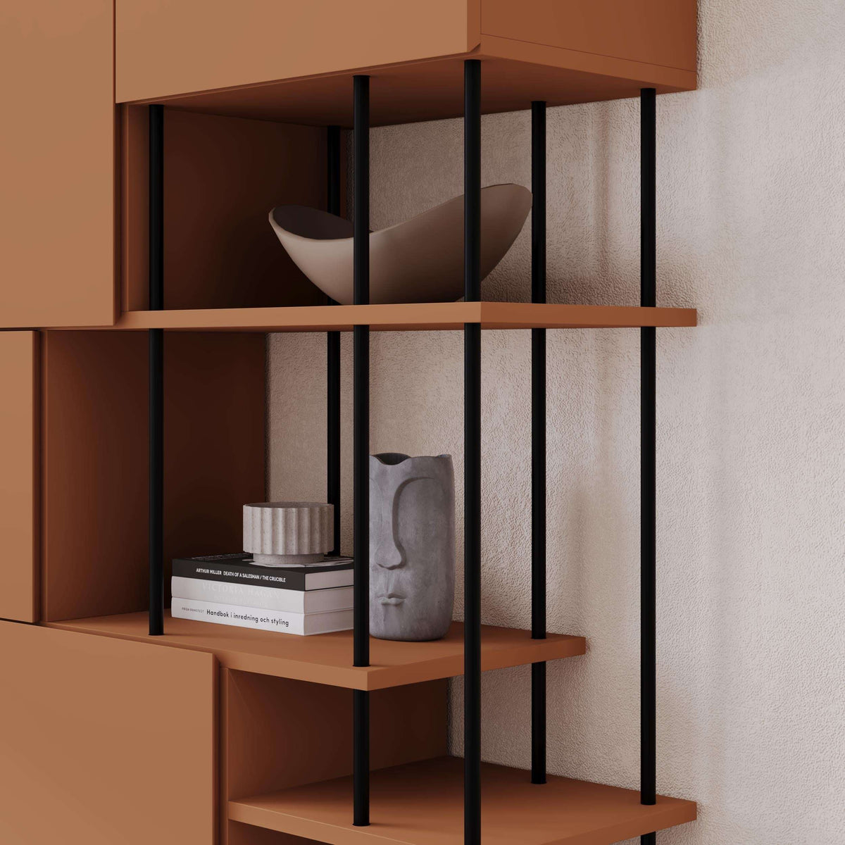 Modern dark brown bookcase cabinet with open shelving and black vertical supports