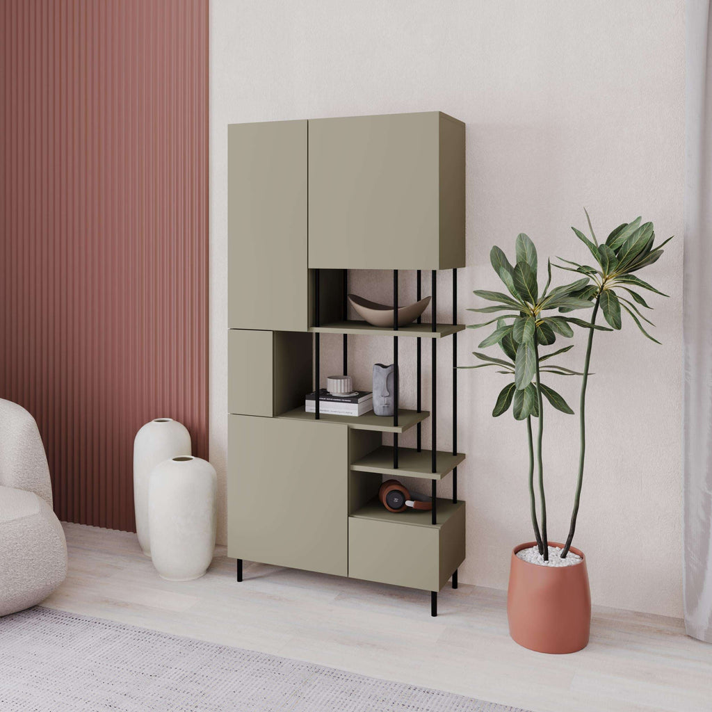 Ash green modern bookcase with closed doors and open side shelving
