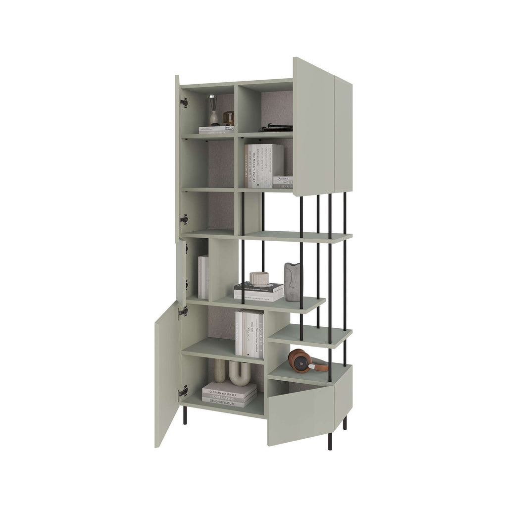 Light gray 5-door bookcase cabinet with doors open to show interior shelves