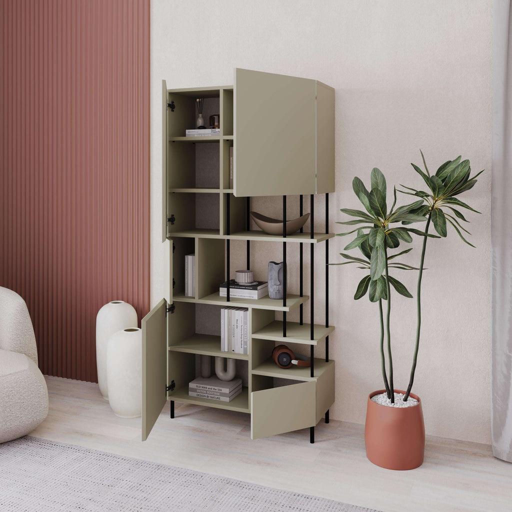 Ash green bookcase cabinet with open doors and multi-tier shelves on slim legs