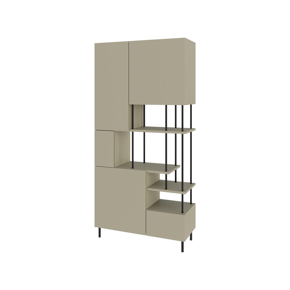 Modern 5-door storage cabinet with open shelves, sandstone finish and black legs