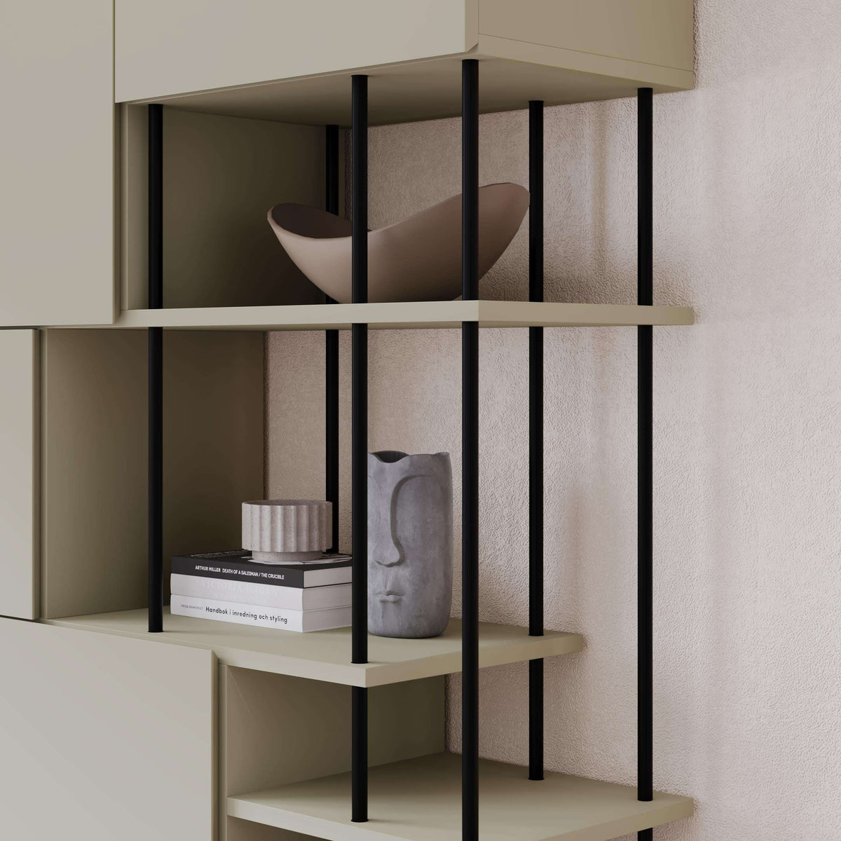 Modern ash green bookcase with open shelves, vertical black supports, 5-door design