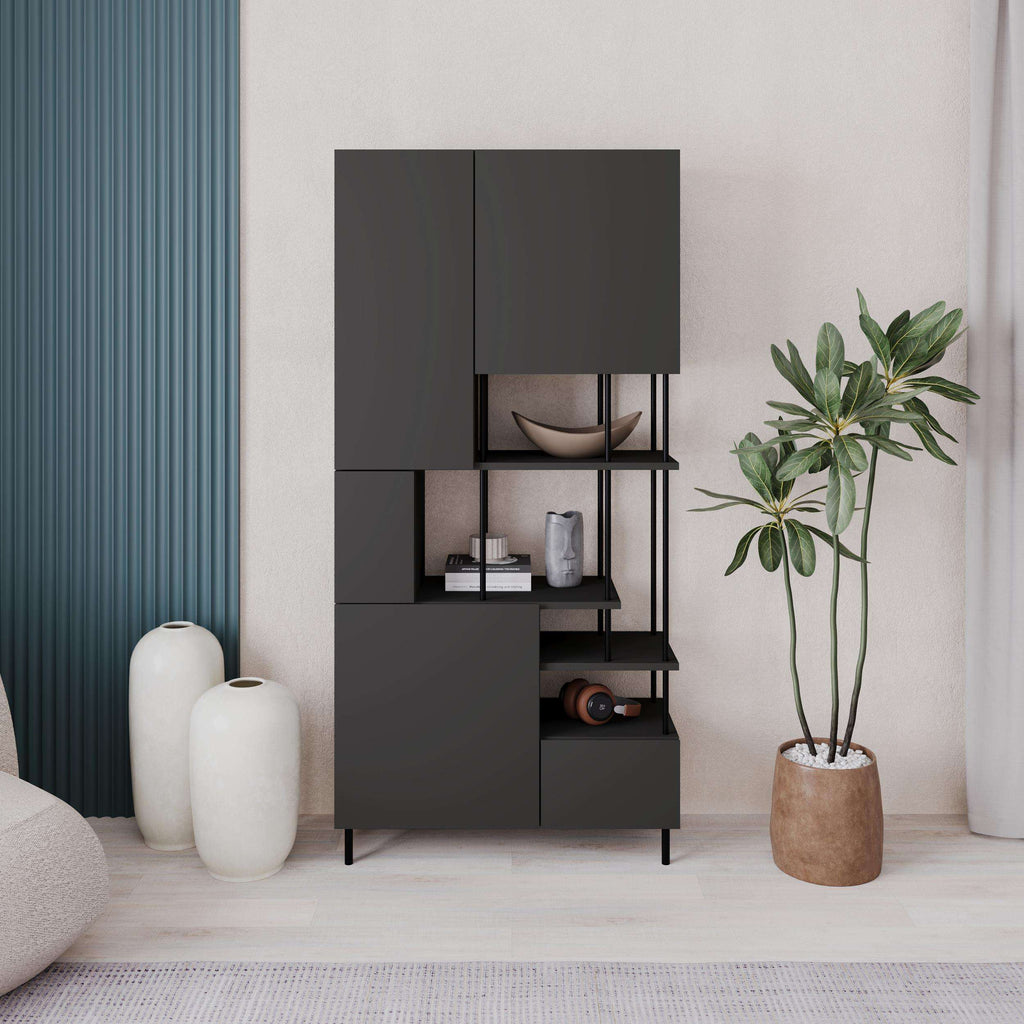 Modern 5-door storage cabinet with shelves, dark grey doors and open middle shelving.