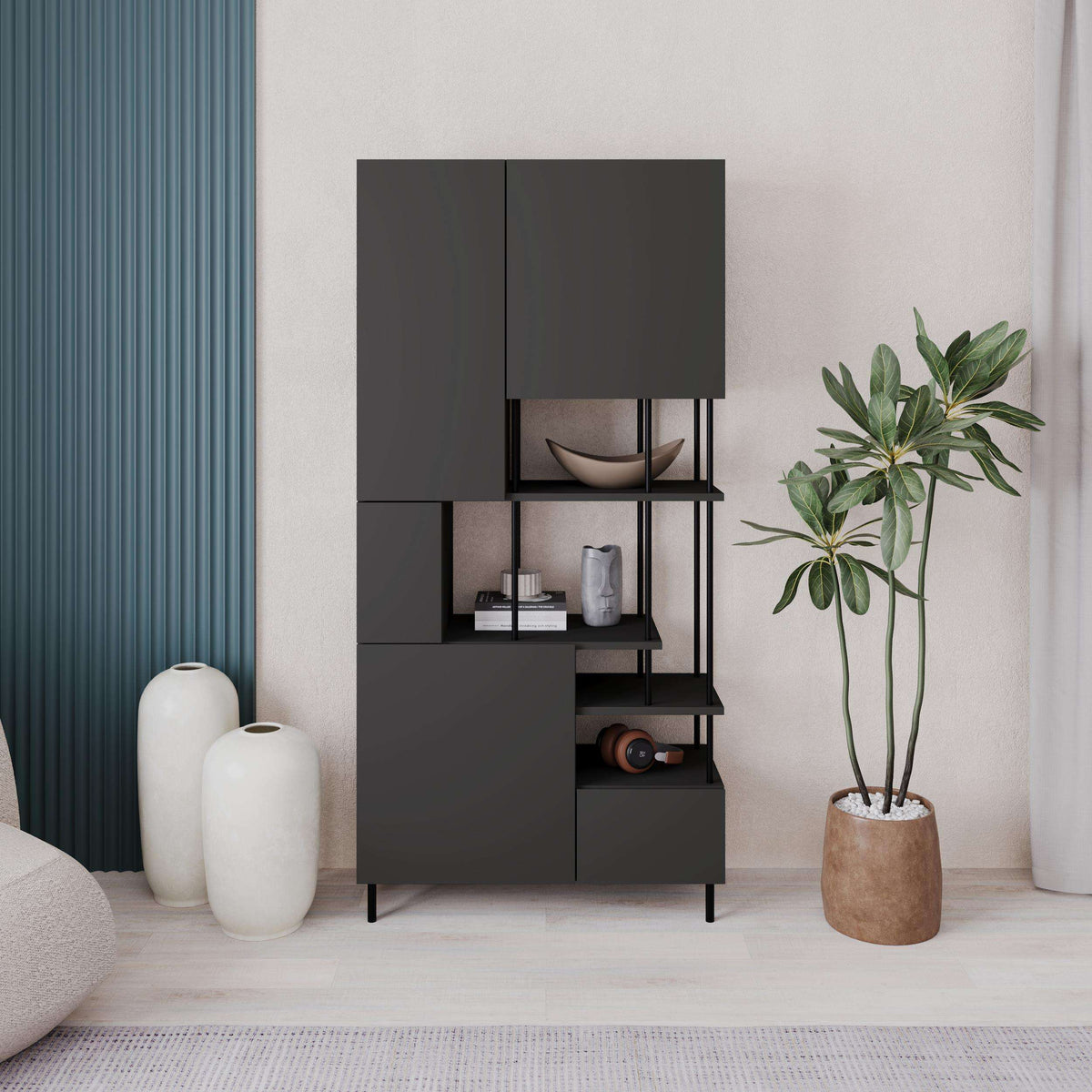 Modern 5-door storage cabinet with shelves, dark grey doors and open middle shelving.