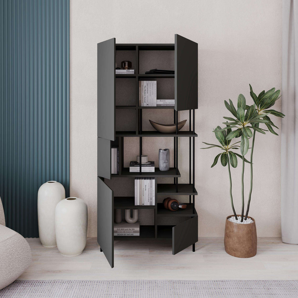 Modern 5-door storage cabinet with shelves, dark grey doors and open cubbies.