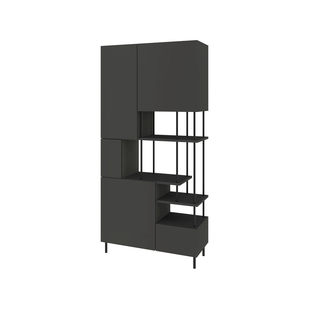 Modern 5-door storage cabinet with open shelves, anthracite finish and black legs