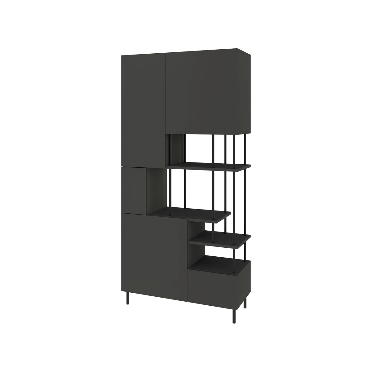 Modern 5-door storage cabinet with open shelves, anthracite finish and black legs