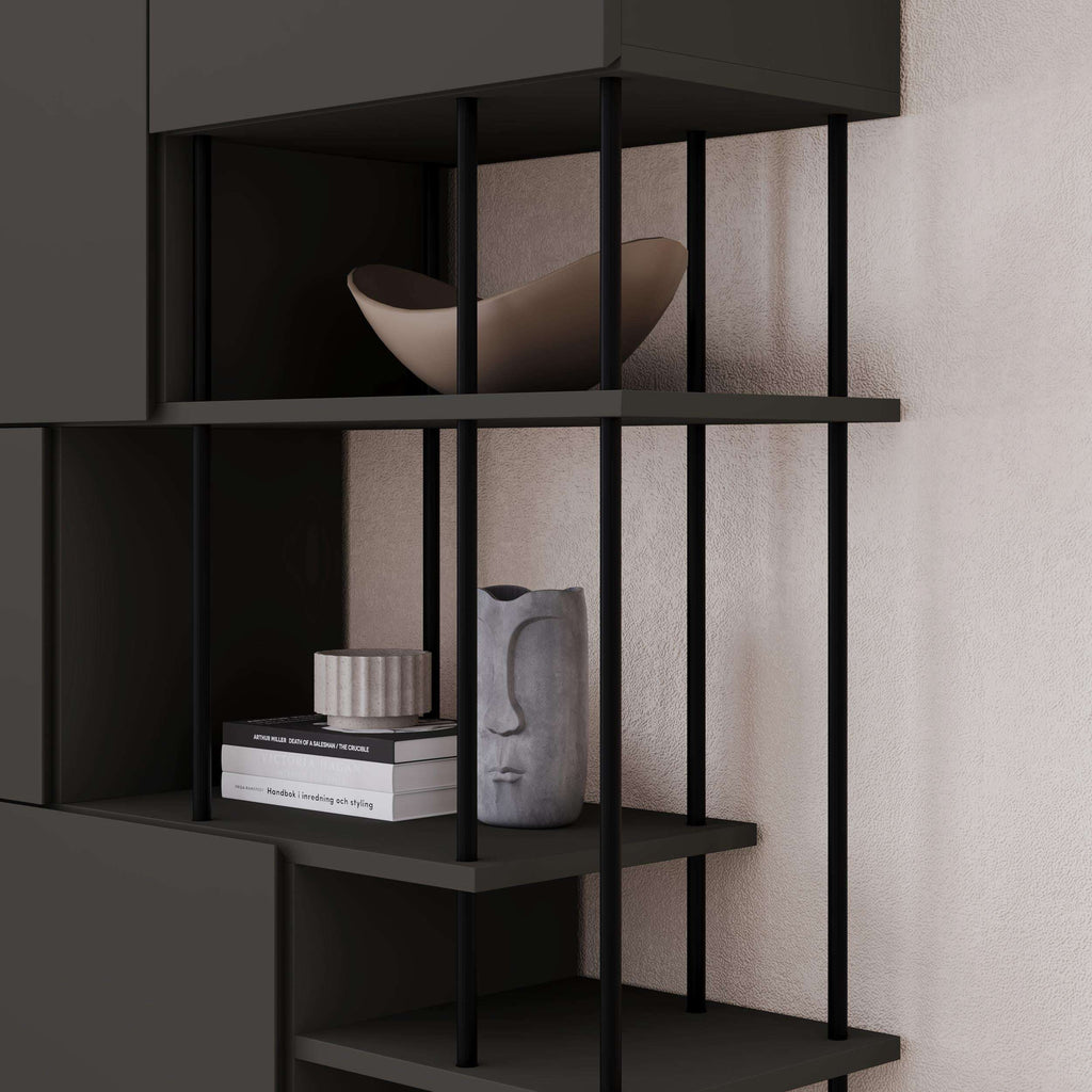 Modern 5-door storage cabinet with open shelves, dark grey finish, black frame legs.