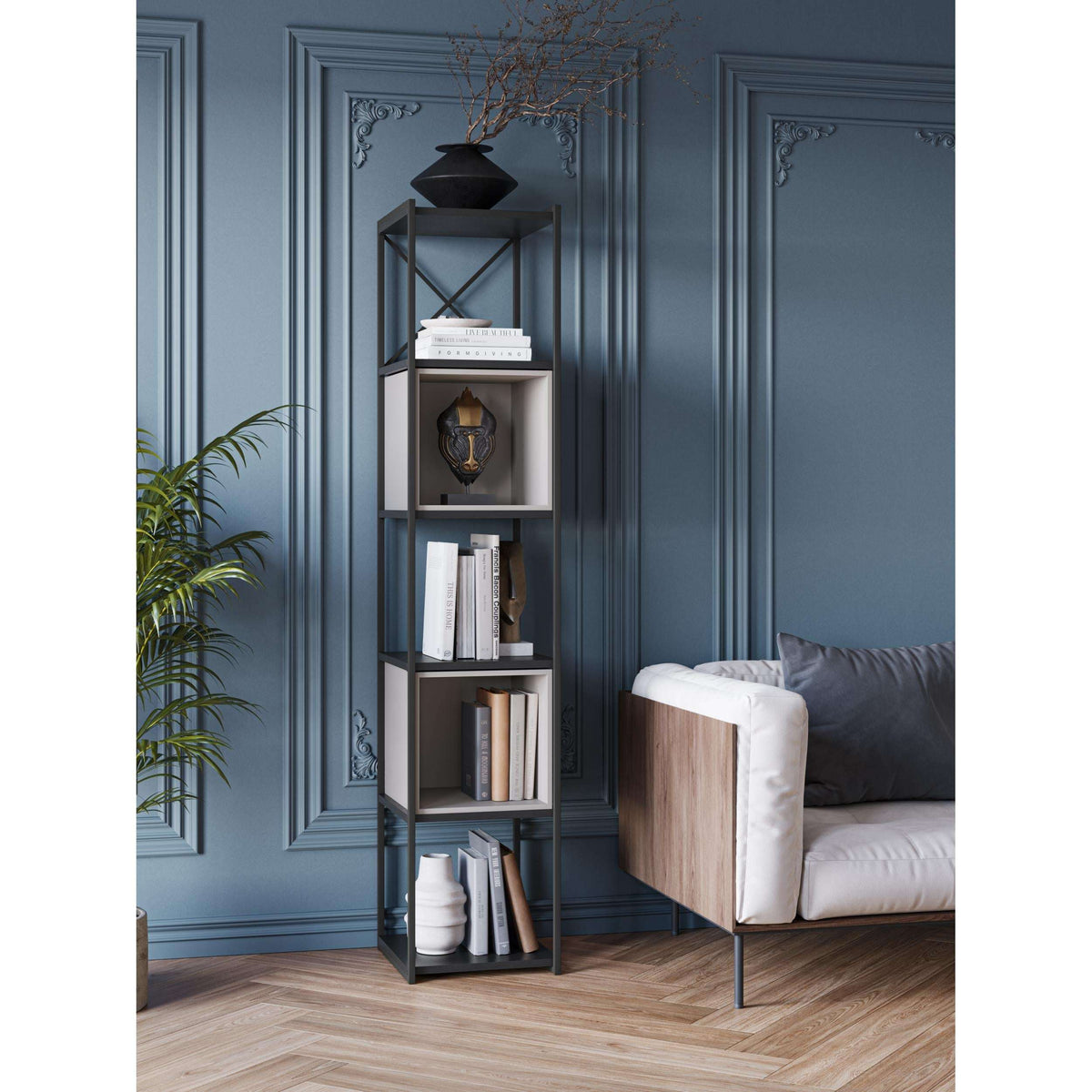 Industrial mini bookcase with black frame and light cube shelves