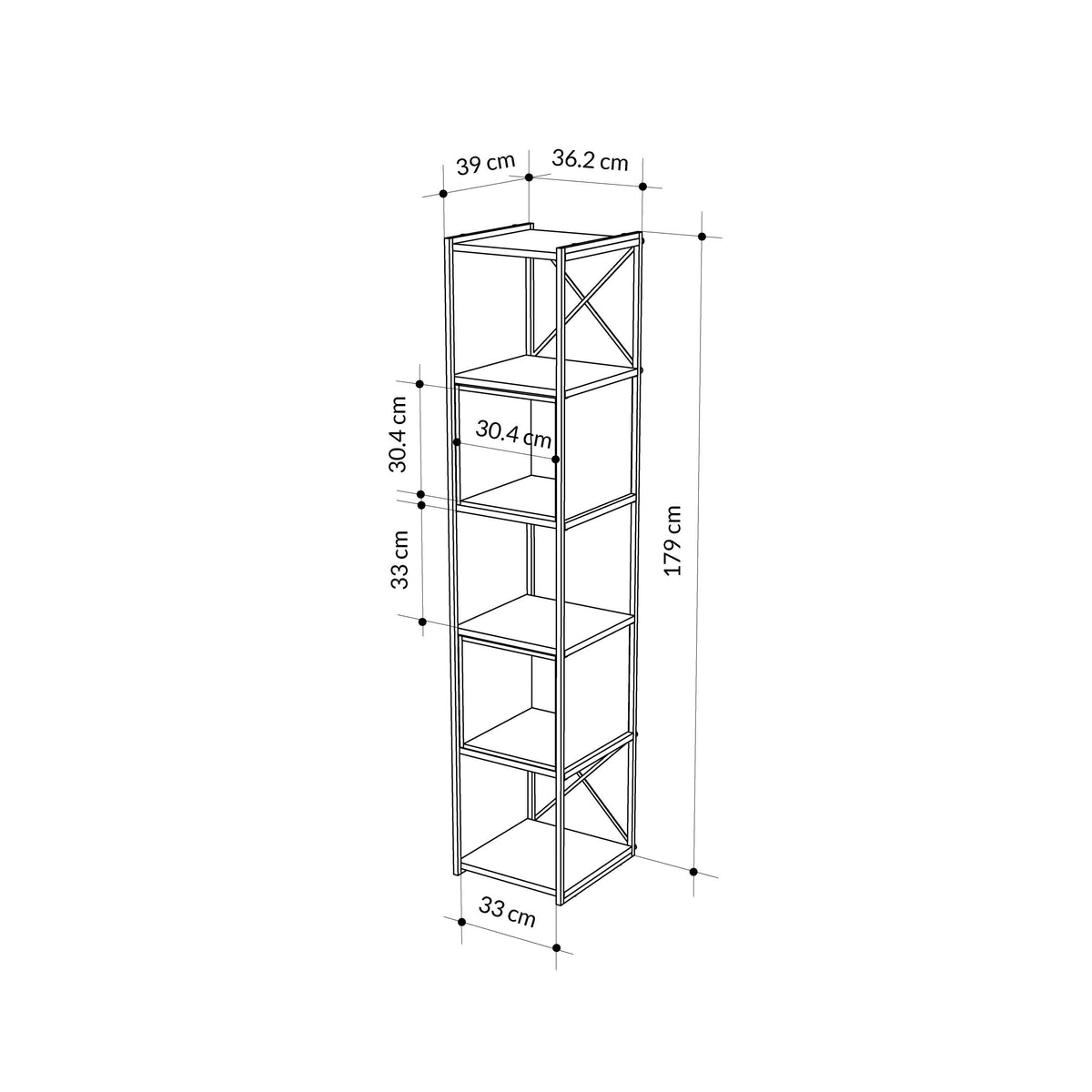 Industrial mini bookcase size diagram showing 179 cm height and shelf layout