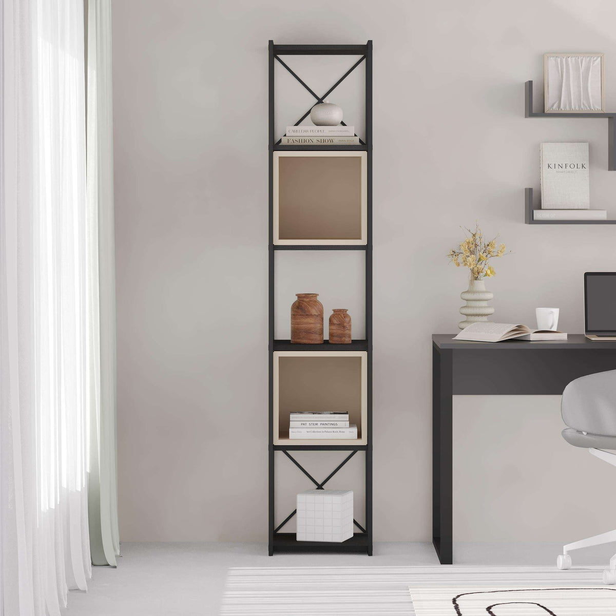 Slim industrial mini bookcase with black frame and taupe cube shelves