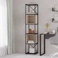 Industrial mini bookcase with black metal frame and light beige cube shelves