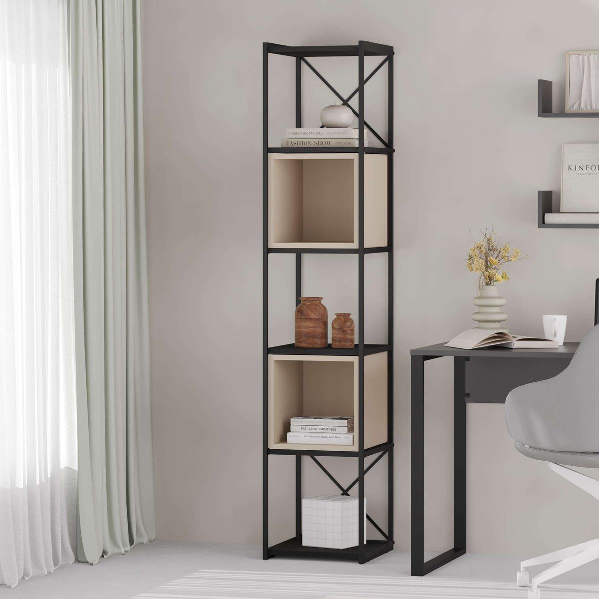 Industrial mini bookcase with black metal frame and light beige cube shelves