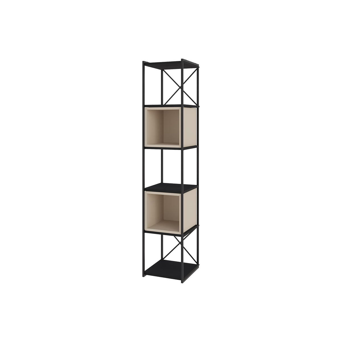 Tall industrial mini bookcase with black metal frame and beige cube shelves