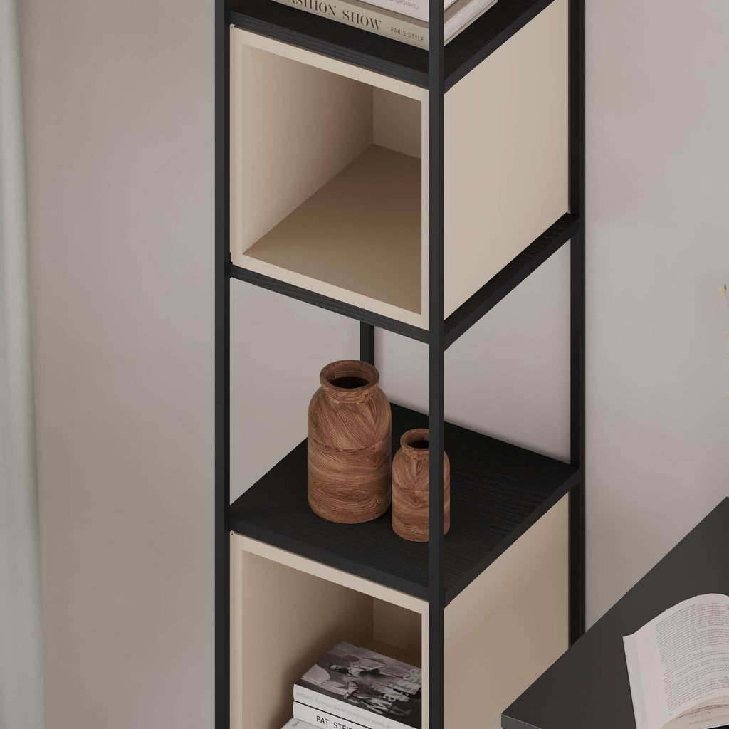 Close-up of industrial mini bookcase shelves with black frame and light interior