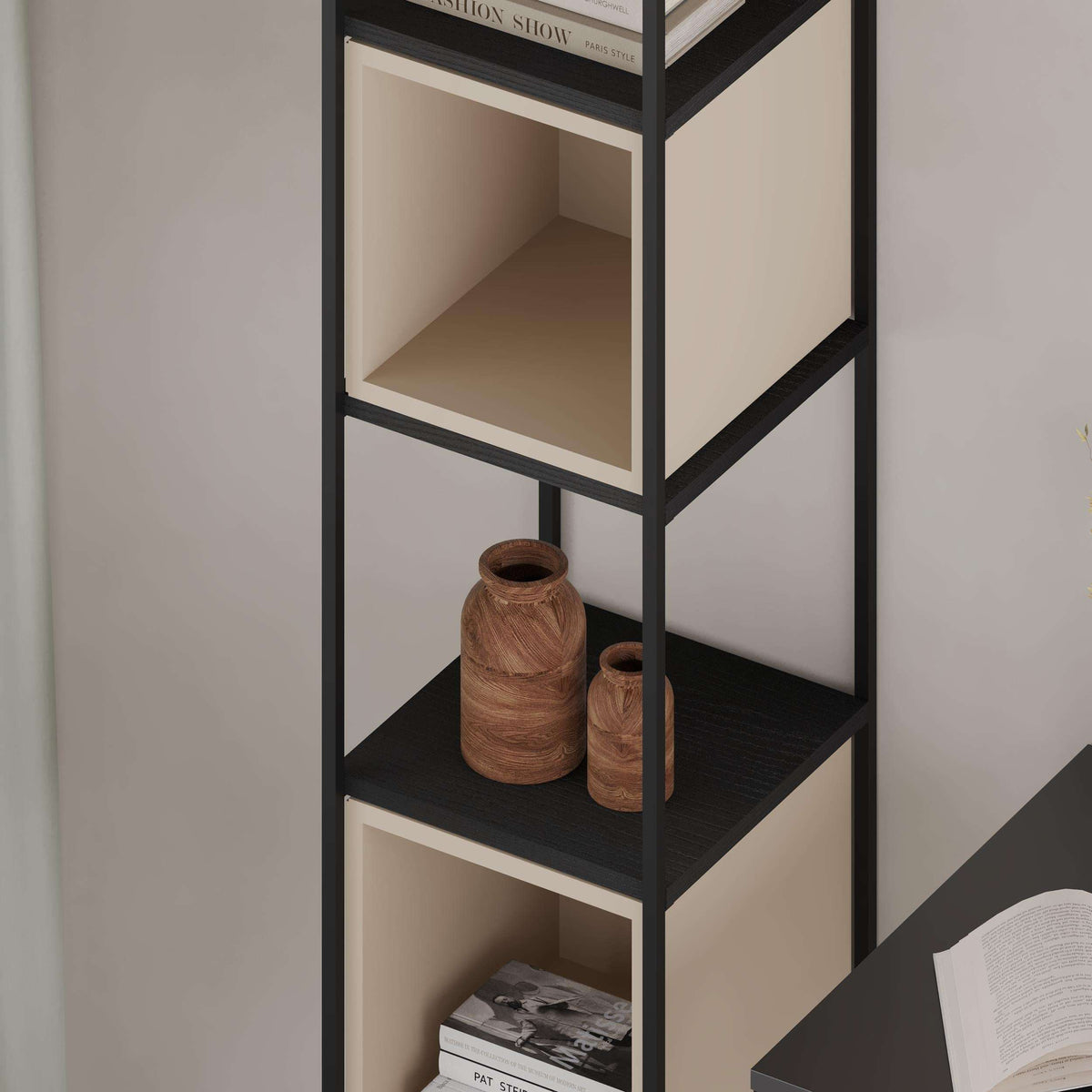 Close-up of industrial mini bookcase shelves with black frame and light interior