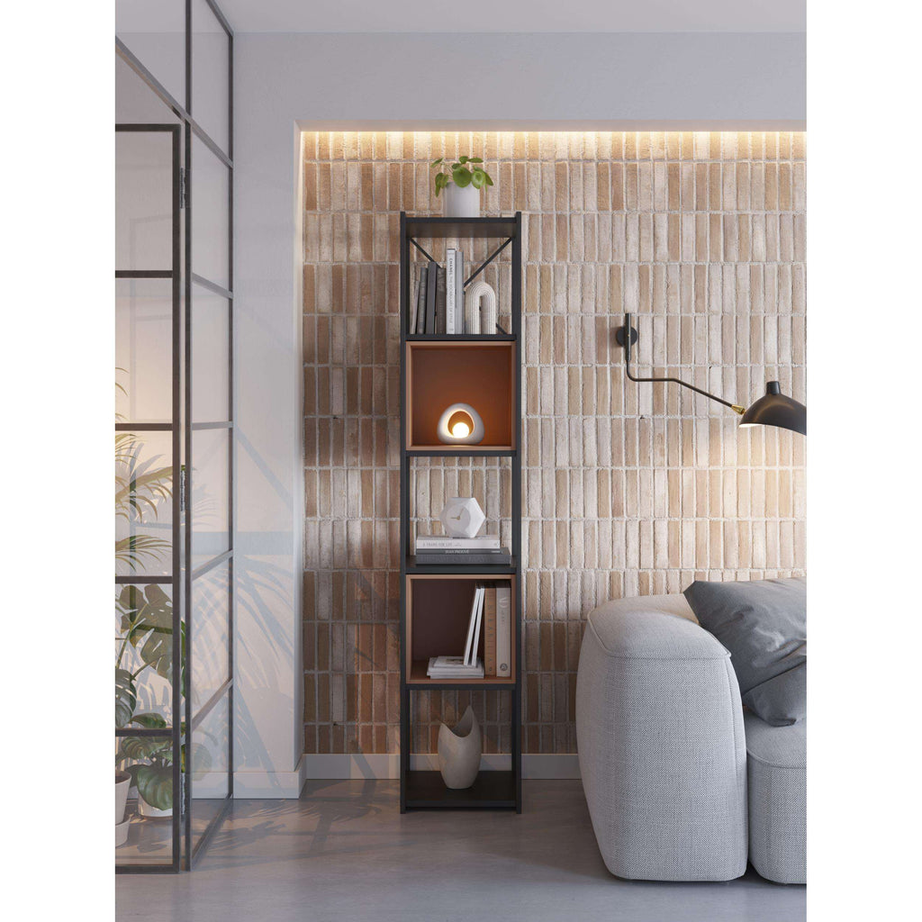 Mini industrial bookcase set with dark metal frame and warm brown open shelves