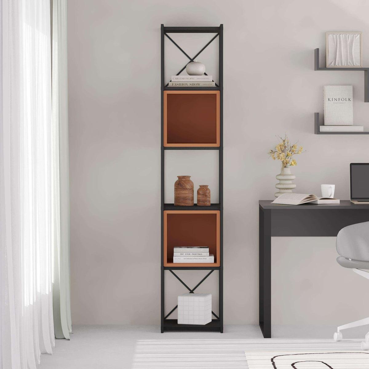 Mini industrial bookcase set with black frame and ash green interior shelves